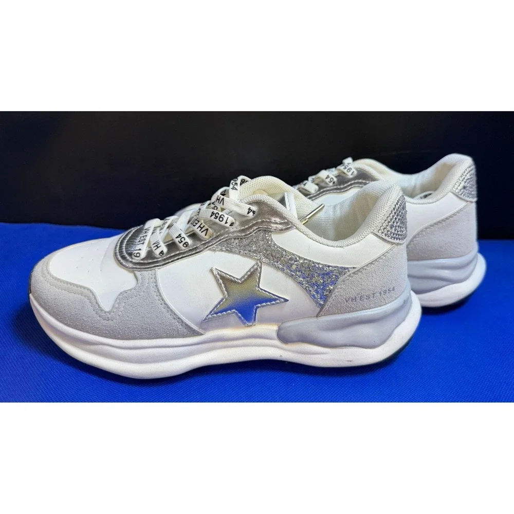 Vintage Havana Run Silver Glitter Star Rhinestone Fashion Sneakers White 7.5‎
